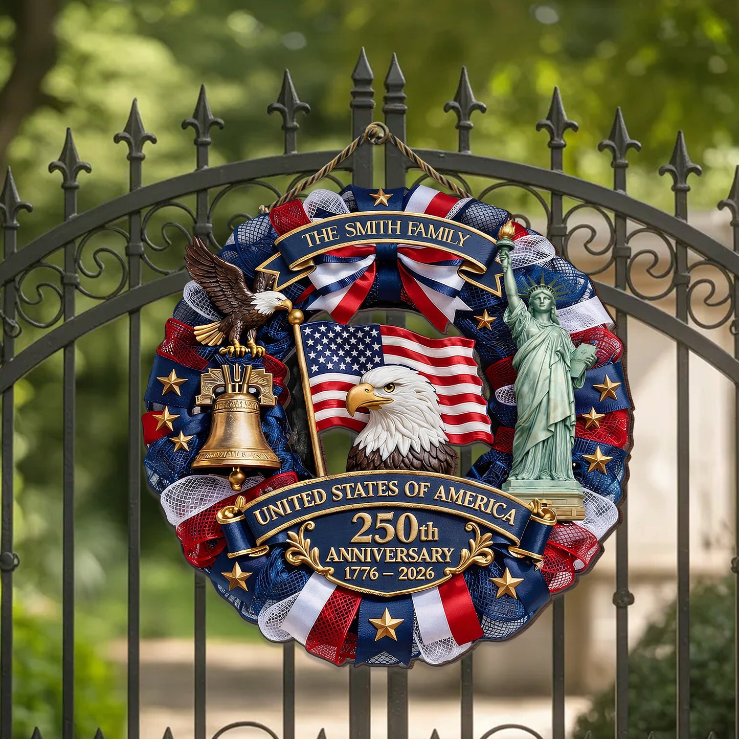 Custom Family Name Wood Sign- Personalized America 250th Anniversary Gifts For Mom, Dad, Brother, Sister, Kids - Family Forever United
