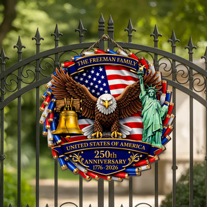 Custom Family Name Wood Sign- Personalized America 250th Anniversary Gifts For Mom, Dad, Brother, Sister, Kids - Family Forever United