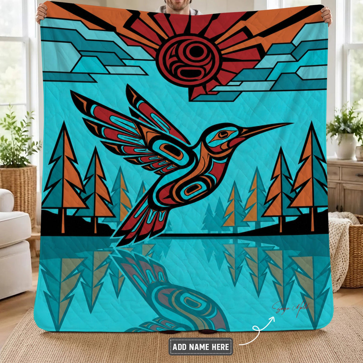 Turquoise Hummingbird Horizon Personalized Premium Blanket