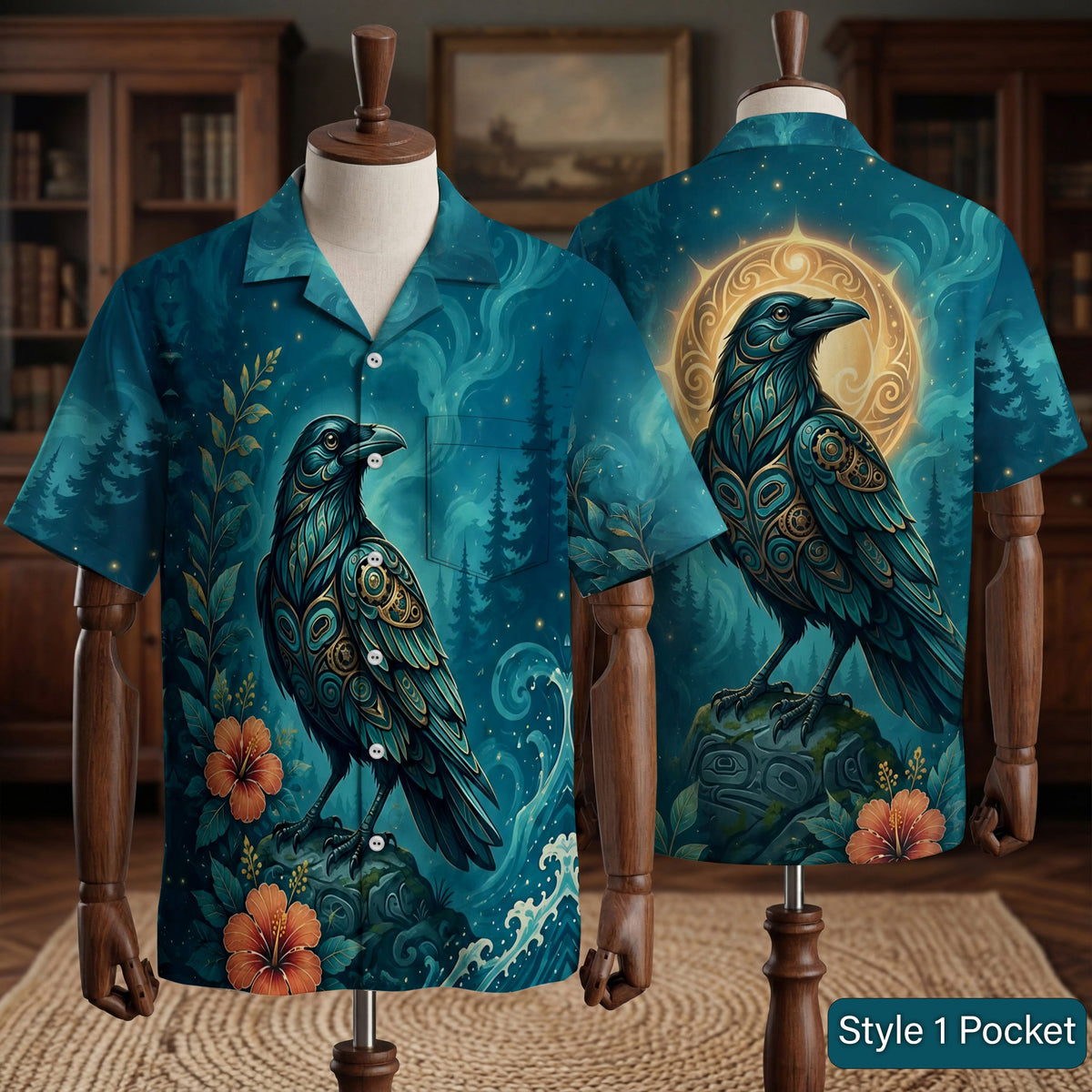 Native Raven Pattern Hawaiian Shirt for Adults & Kids