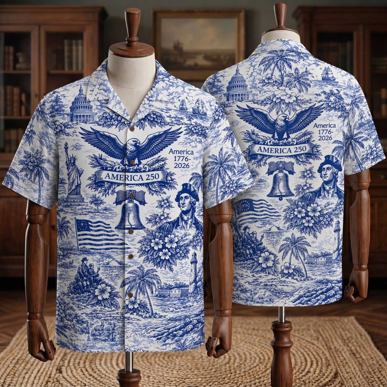 America 250th Anniversary Toile De Jouy Style Patriotic Hawaiian Shirt