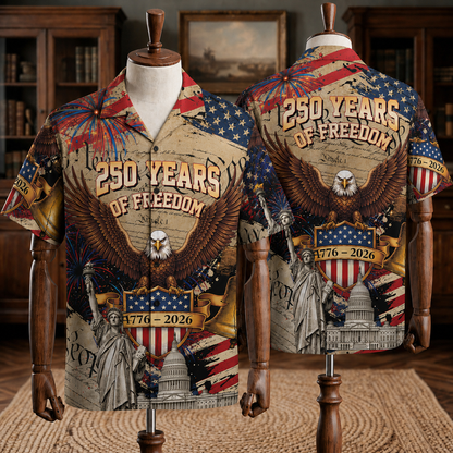America 250th Anniversary Toile De Jouy Style Patriotic Hawaiian Shirt