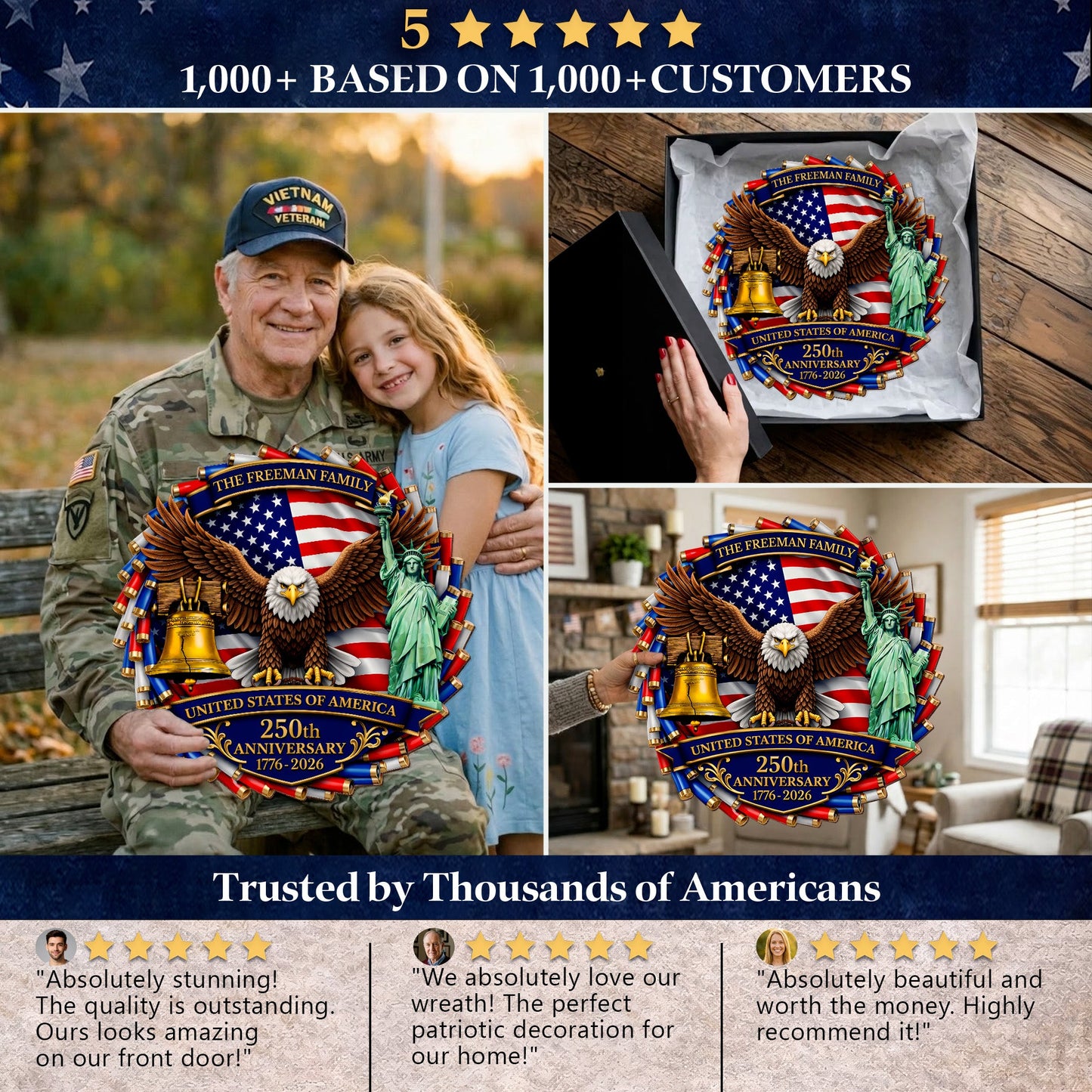 Custom Family Name Wood Sign- Personalized America 250th Anniversary Gifts For Mom, Dad, Brother, Sister, Kids - Family Forever United