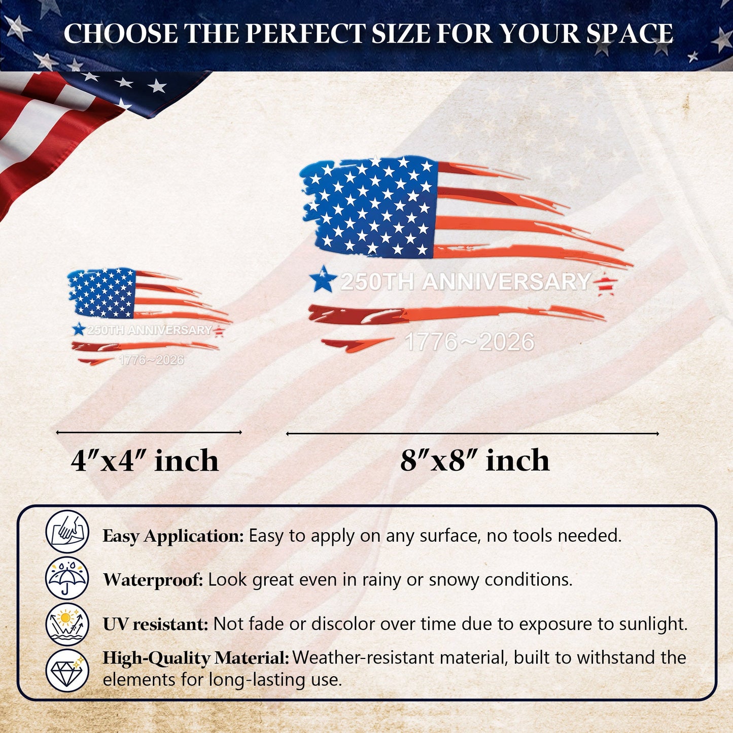 250 Years of America Flag Decal – 1776-2026 Semi-Centennial Car Window Sticker