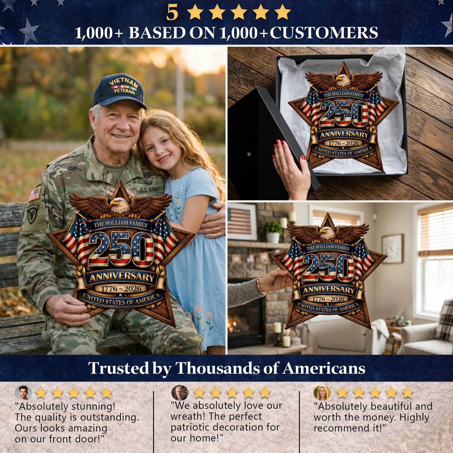 Custom Wood Sign - Personalized America 250th Anniversary Gifts For Mom, Dad, Brother, Sister, Kids - Built On Hope And Courage