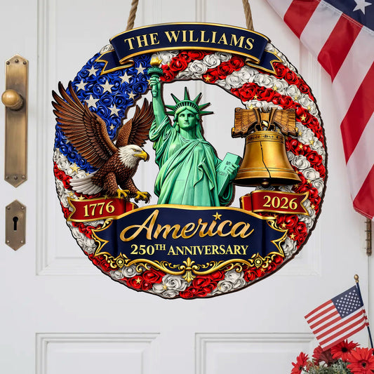 Custom Family Name Wood Sign- Personalized America 250th Anniversary Gifts For Mom, Dad, Brother, Sister, Kids - Family Forever United