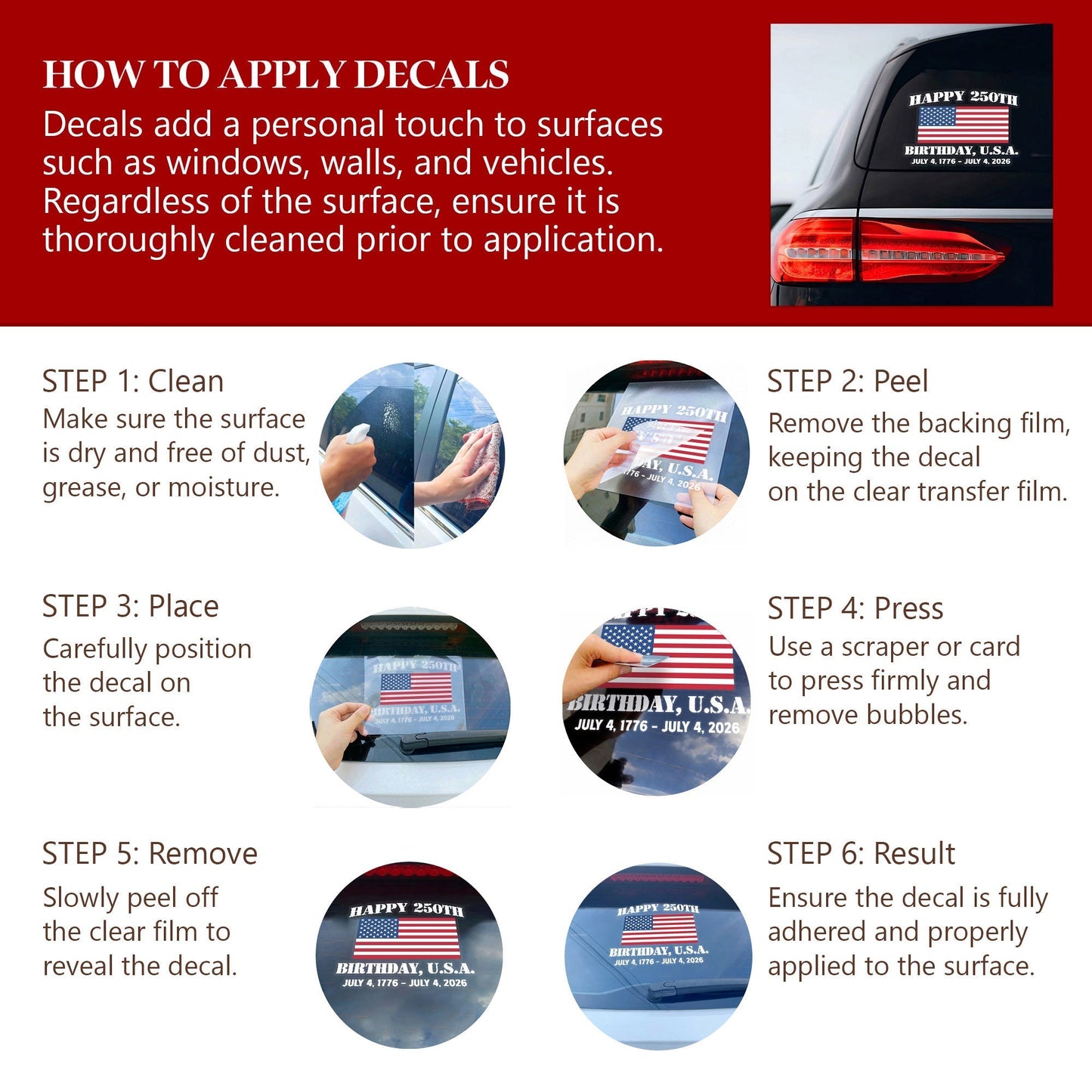 USA 250th Anniversary Decal – Happy Birthday American Flag Sticker for Car