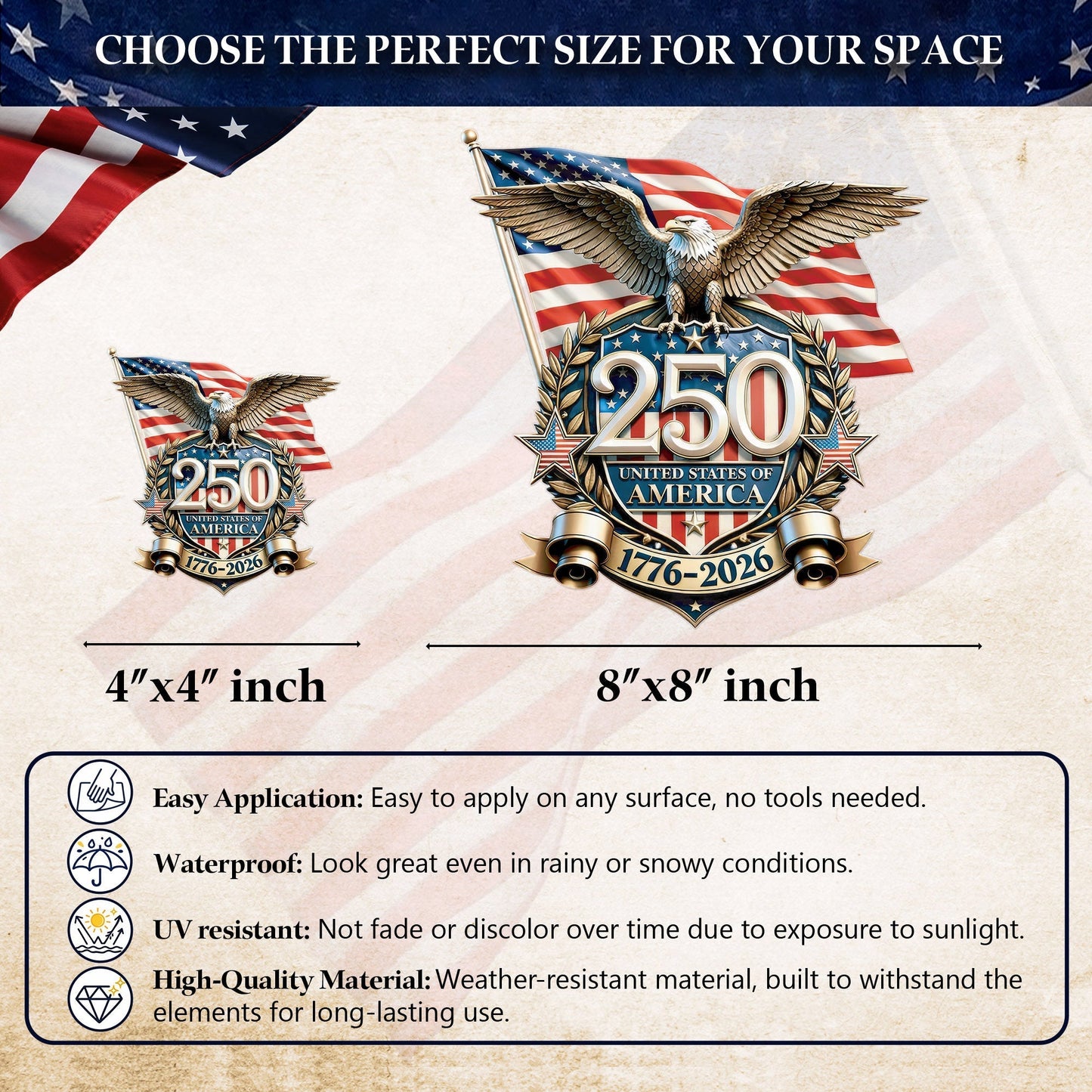 United States of America 250th Anniversary Decal – Eagle, Flag, 1776-2026 Sticker