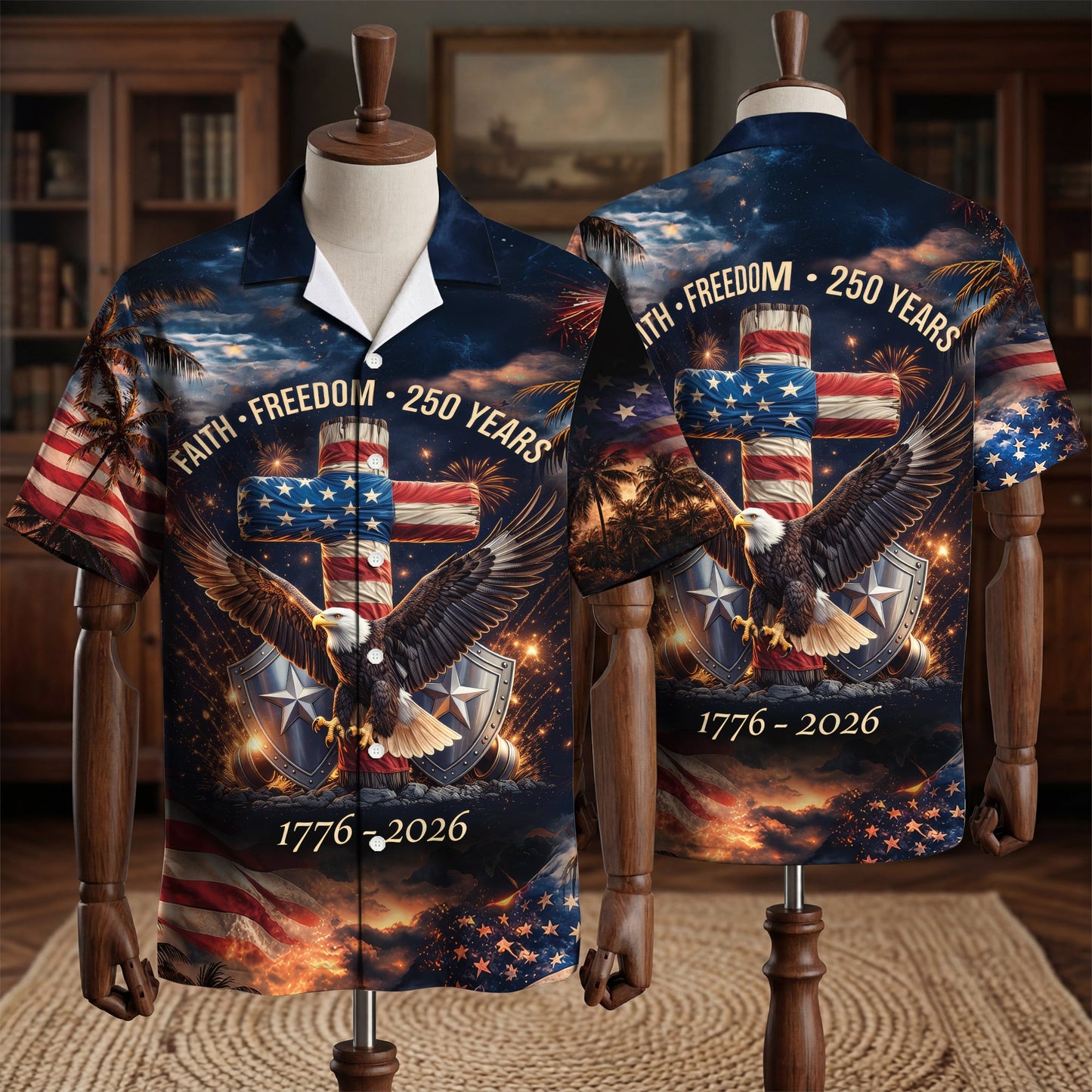 America 250th Anniversary Toile De Jouy Style Patriotic Hawaiian Shirt
