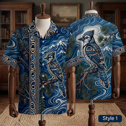 Native Blue Jay Bird Pattern Hawaiian Shirt for Adults & Kids