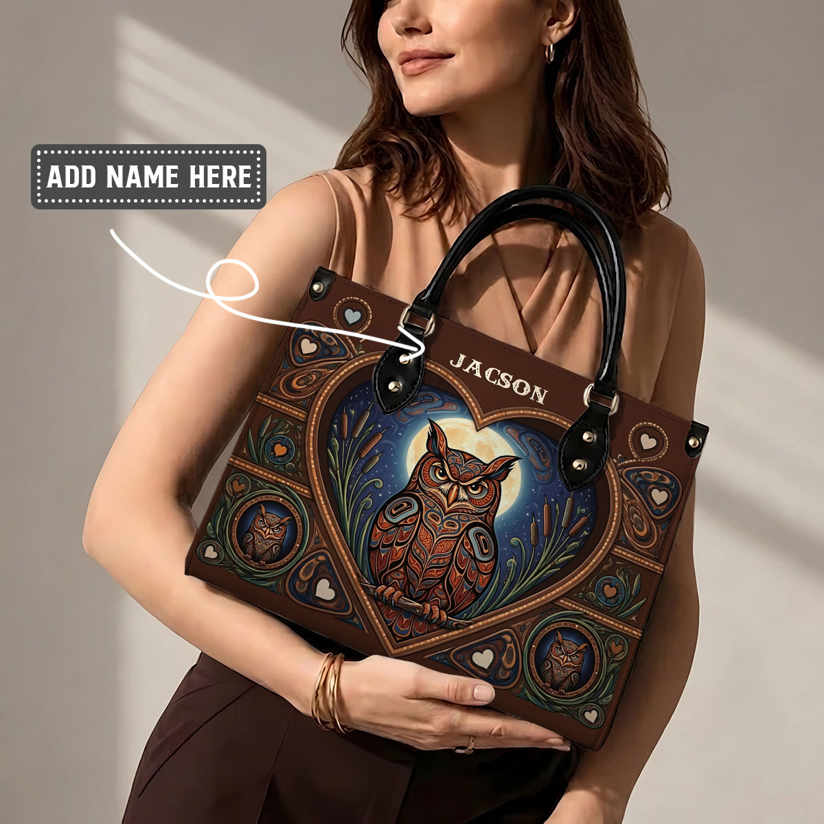Moonlit Owl Wisdom Personalized Leather Bag