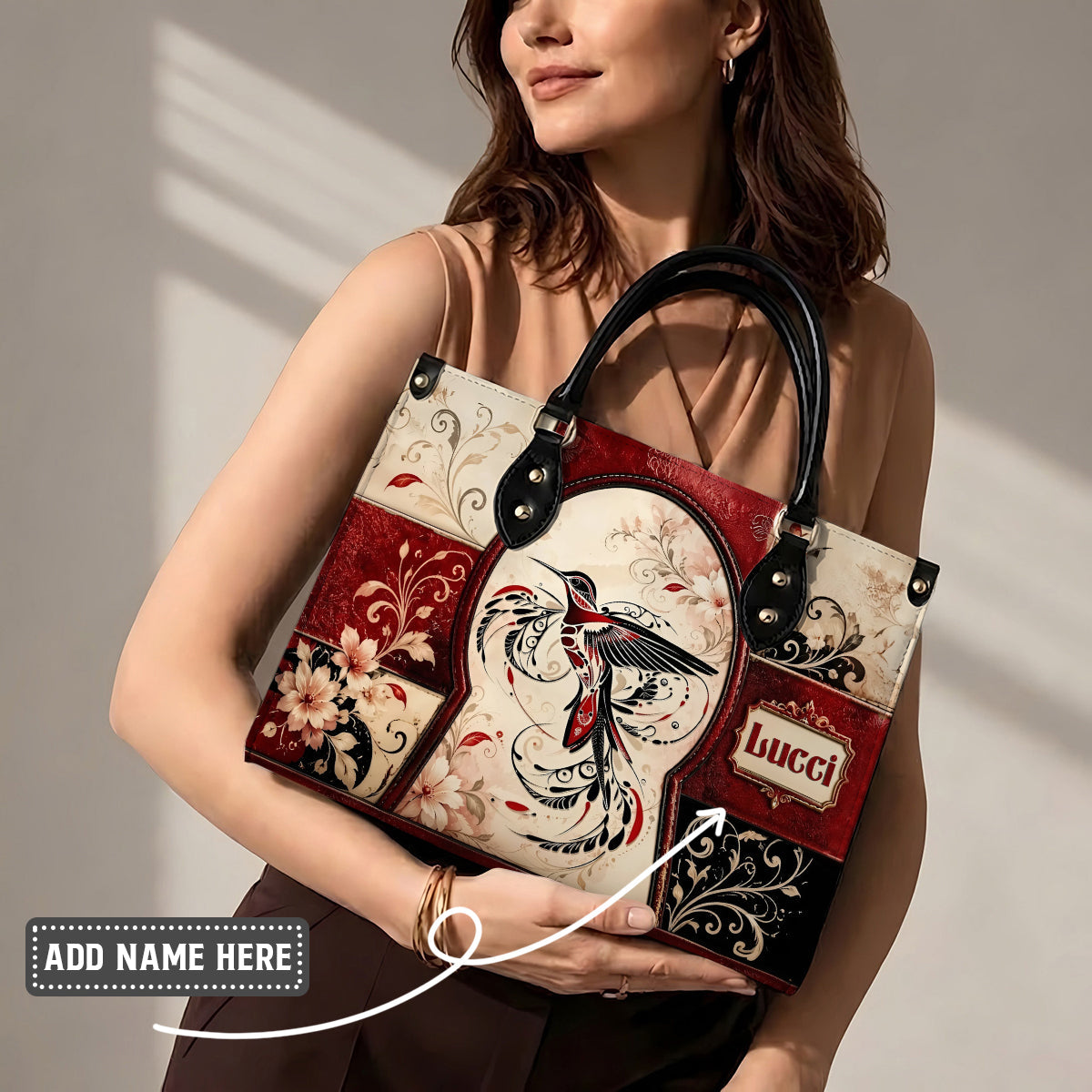 Crimson Hummingbird Elegance Personalized Leather Bag