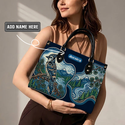 Blue Jay Forest Whispers Personalized Leather Bag