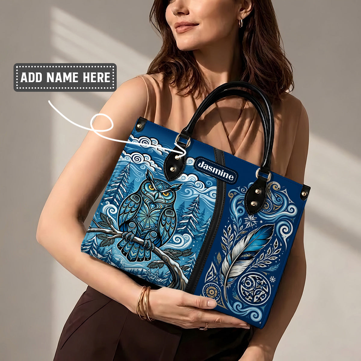 Azure Owl Spirit Personalized Leather Bag