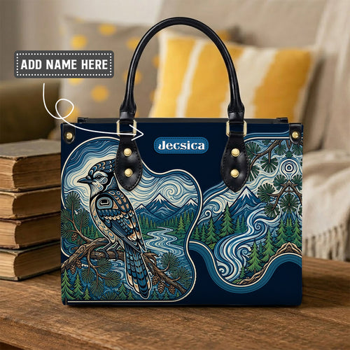 Blue Jay Forest Whispers Personalized Leather Bag
