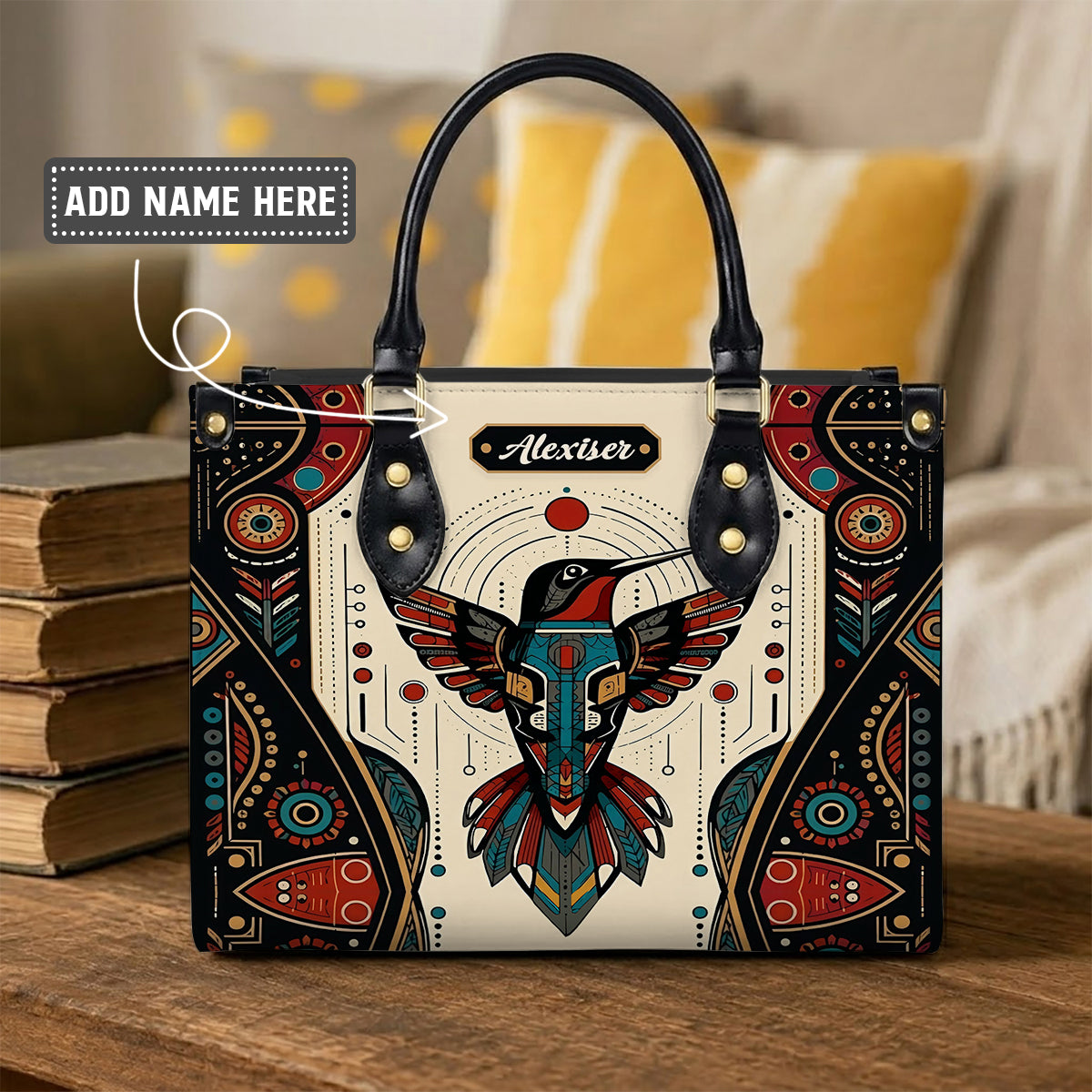 Hummingbird Solar Emblem Personalized Leather Bag
