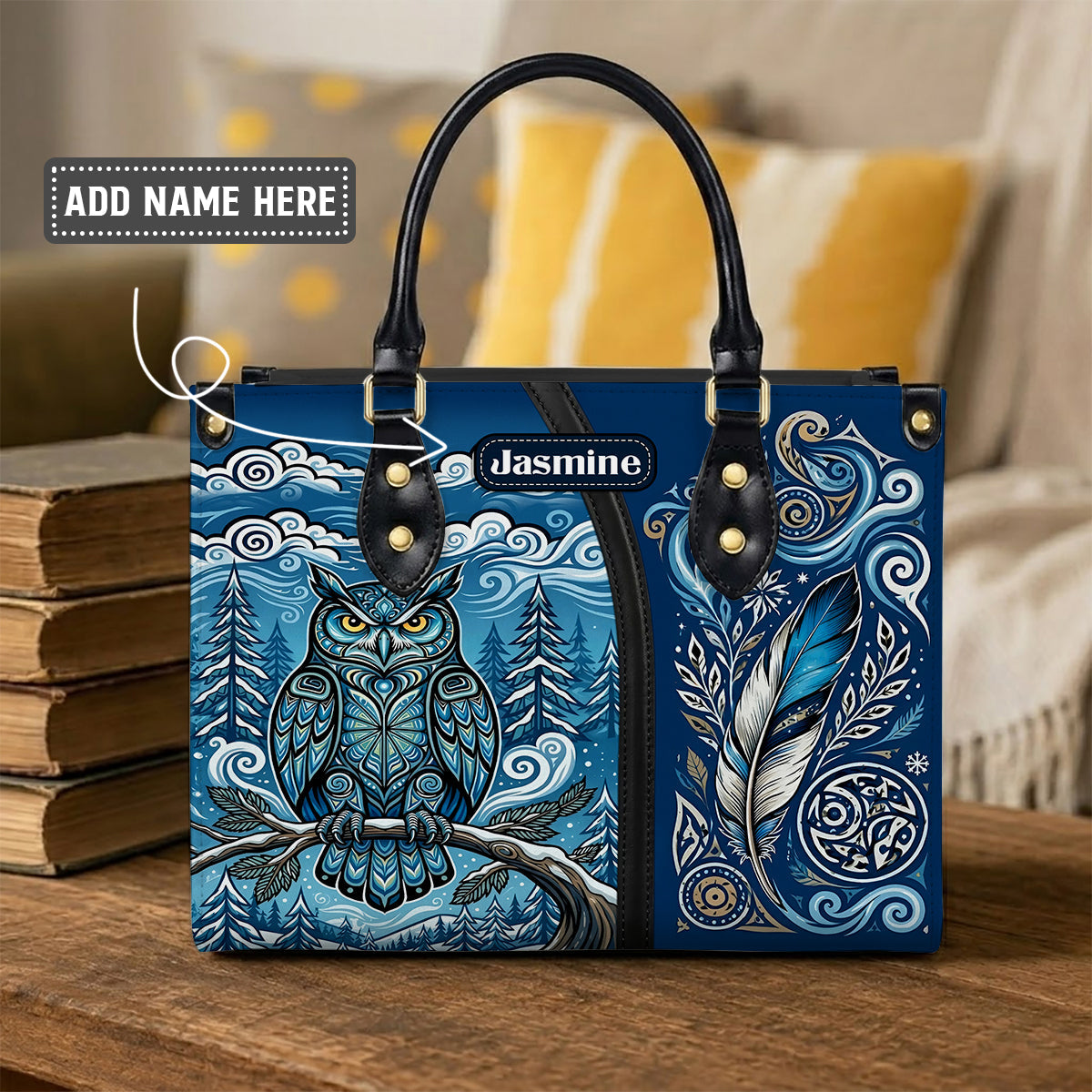 Azure Owl Spirit Personalized Leather Bag