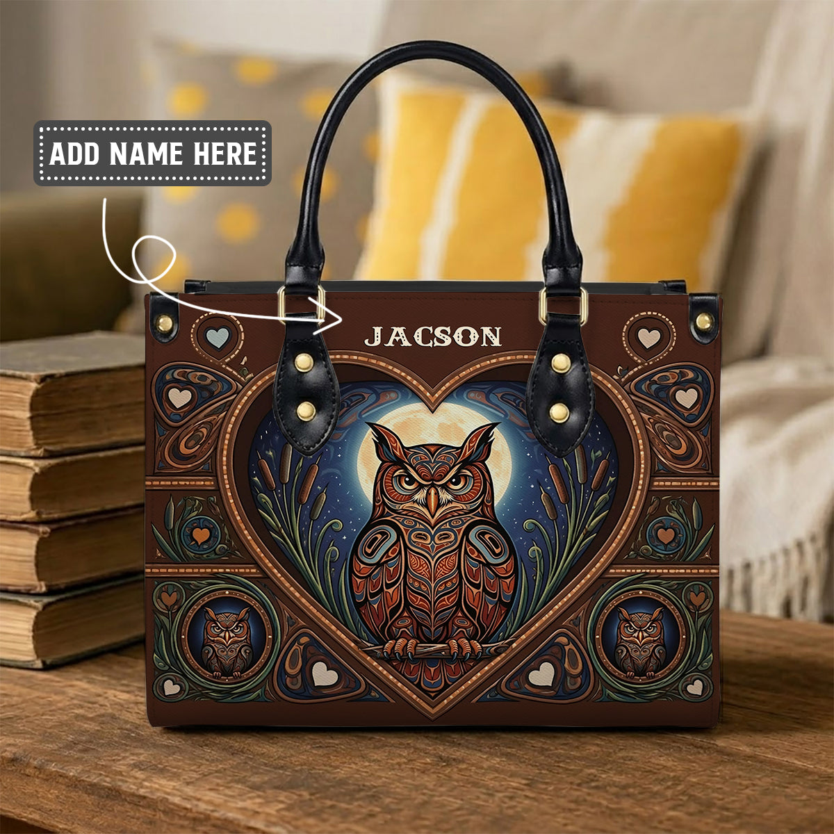 Moonlit Owl Wisdom Personalized Leather Bag