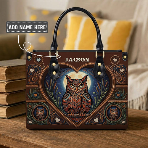 Moonlit Owl Wisdom Personalized Leather Bag