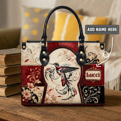 Crimson Hummingbird Elegance Personalized Leather Bag