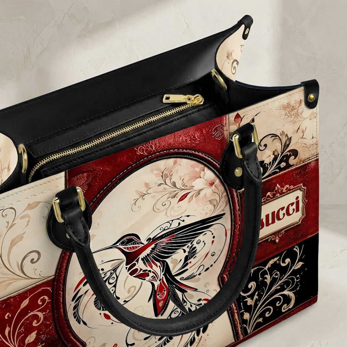 Crimson Hummingbird Elegance Personalized Leather Bag