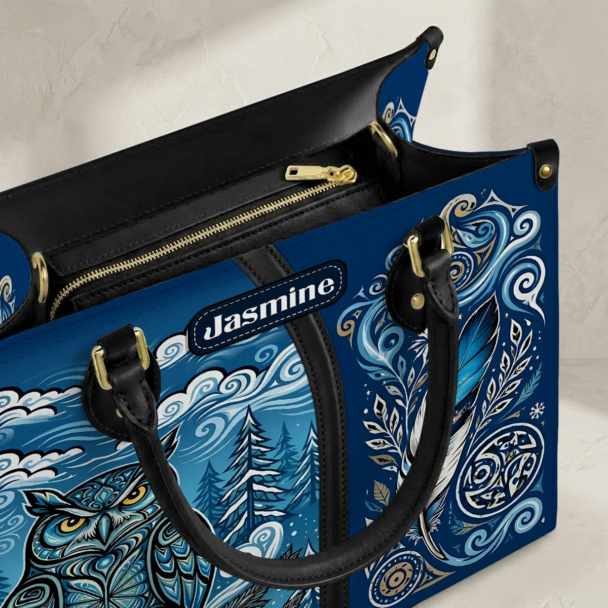 Azure Owl Spirit Personalized Leather Bag