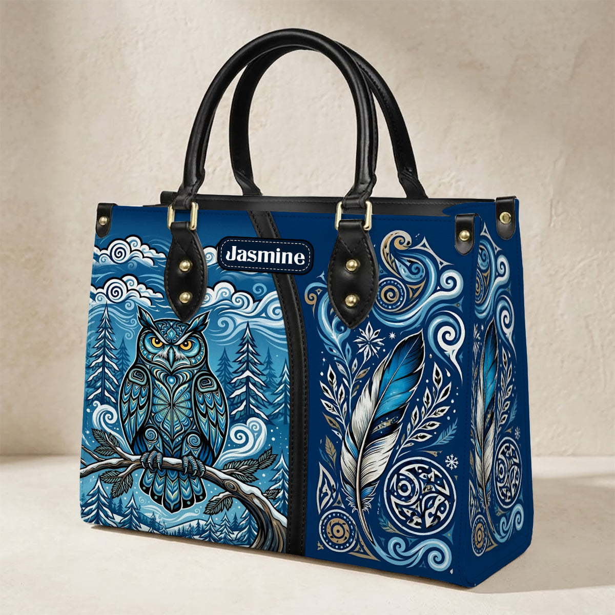 Azure Owl Spirit Personalized Leather Bag