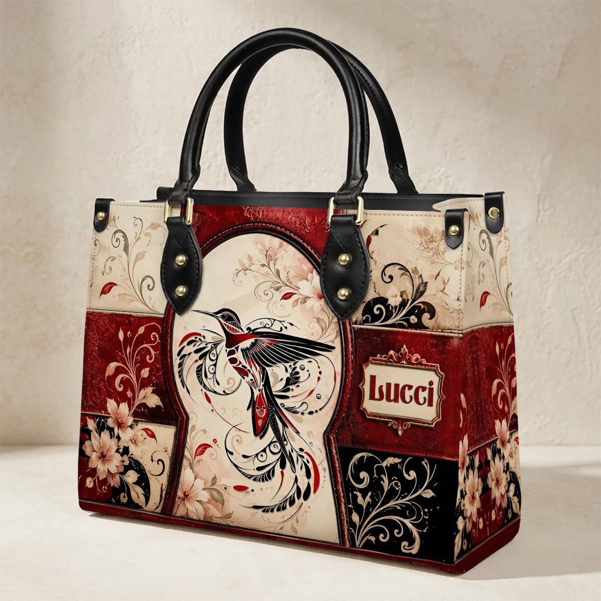 Crimson Hummingbird Elegance Personalized Leather Bag