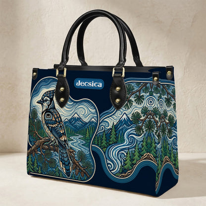 Blue Jay Forest Whispers Personalized Leather Bag