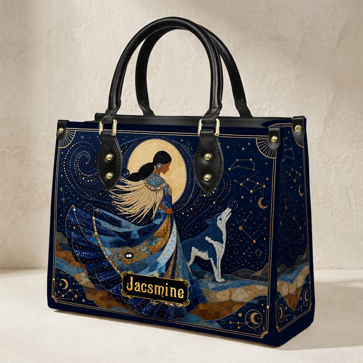 Moonlit Wolf Woman Personalized Leather Bag