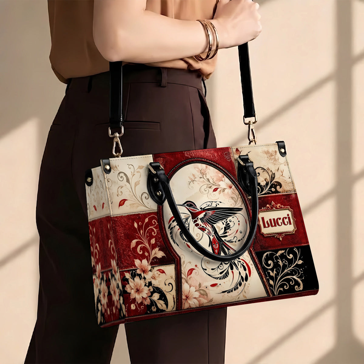 Crimson Hummingbird Elegance Personalized Leather Bag