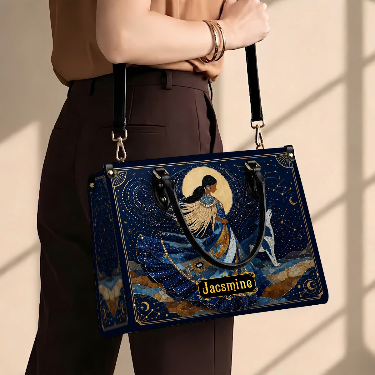 Moonlit Wolf Woman Personalized Leather Bag