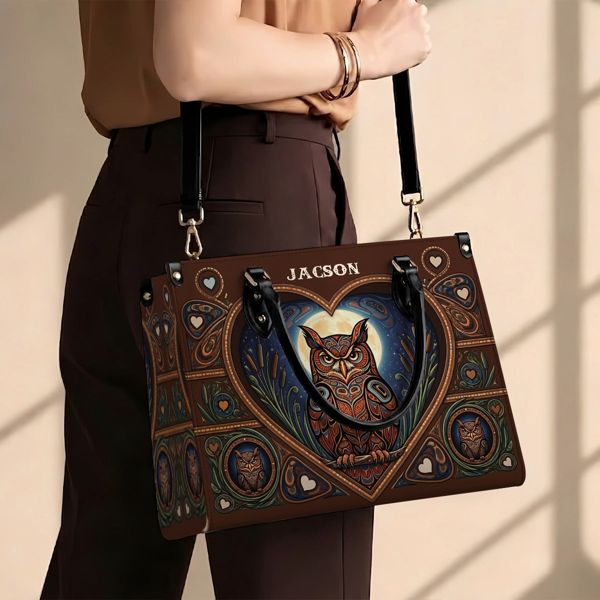 Moonlit Owl Wisdom Personalized Leather Bag