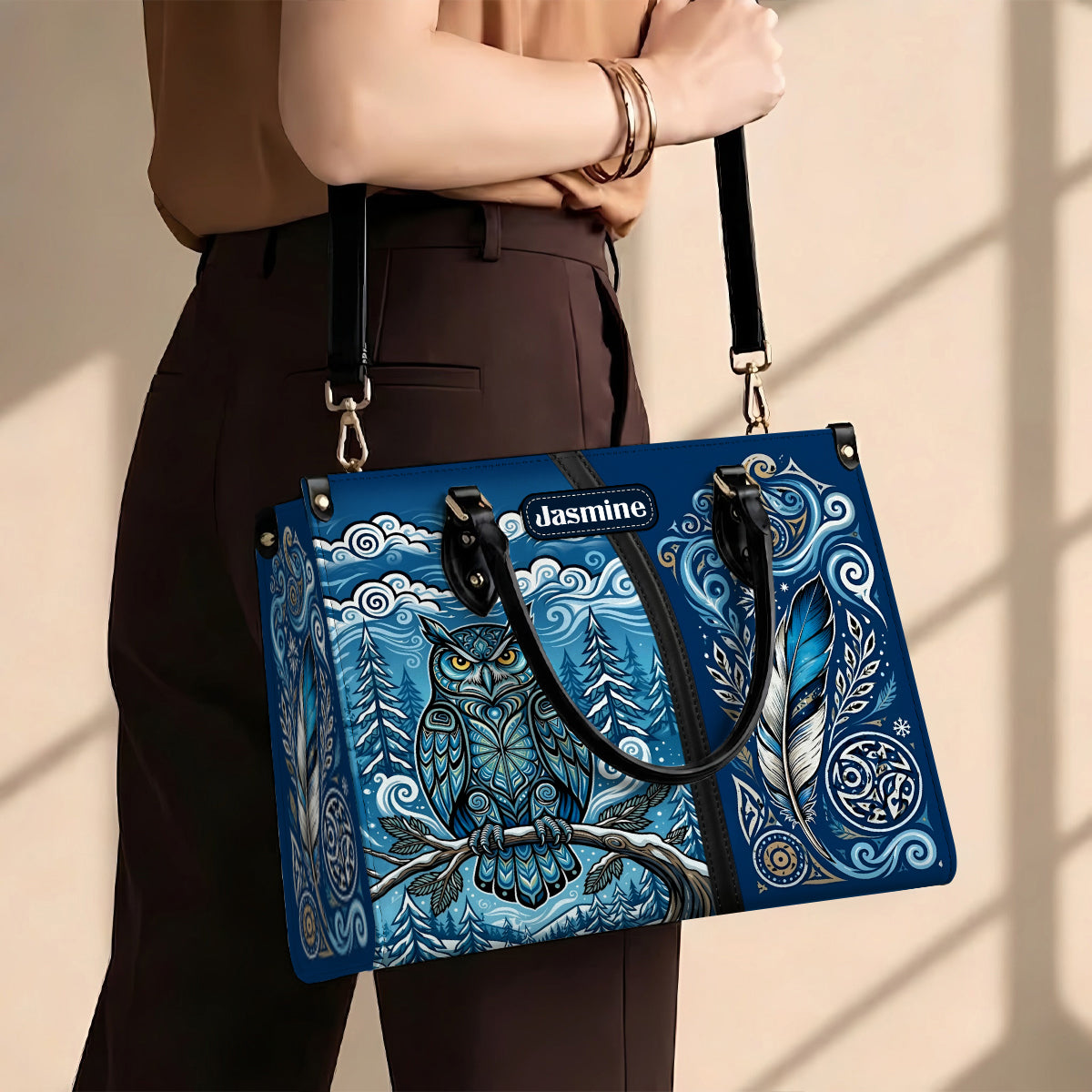 Azure Owl Spirit Personalized Leather Bag