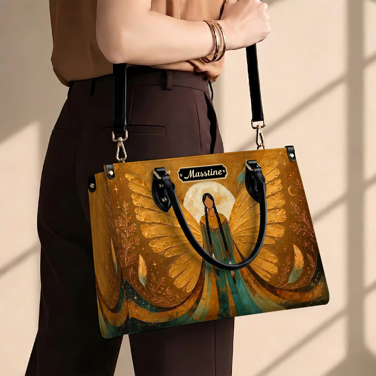 Golden Winged Grace Personalized Leather Bag