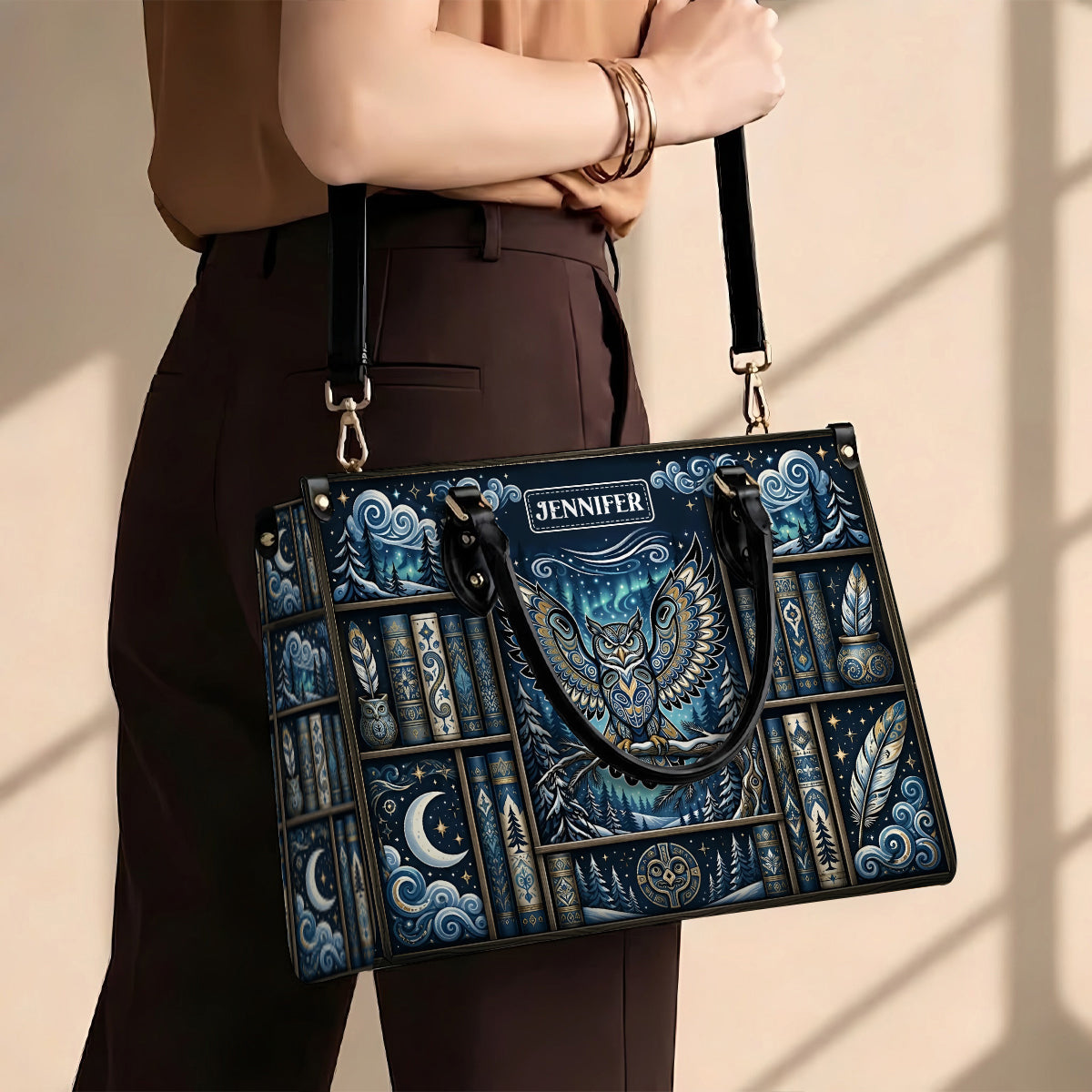 Celestial Owl Wisdom Personalized Leather Bag