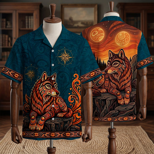 Native Wolf Pattern Hawaiian Shirt for Adults & Kids