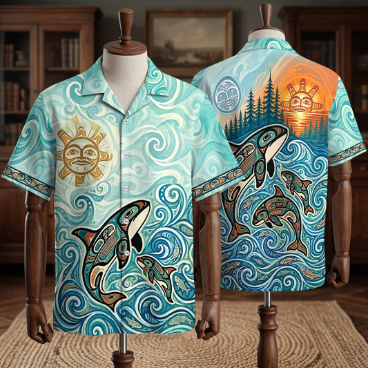 Native Orca Pattern Hawaiian Shirt for Adults & Kids