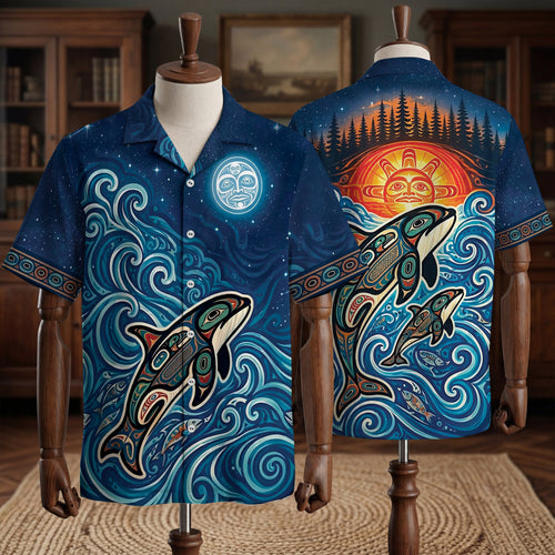 Native Orca Pattern Hawaiian Shirt for Adults & Kids