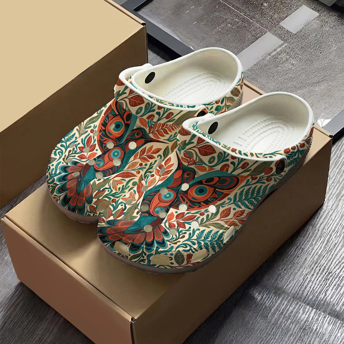 Native Hummingbird Floral Art Clogs Shoes for Adults & Kids