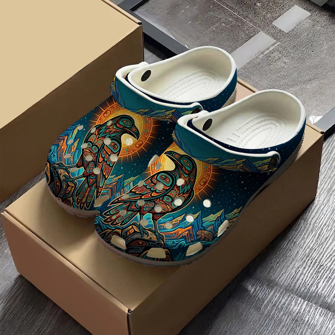 Native Raven Art Clogs Shoes for Adults & Kids