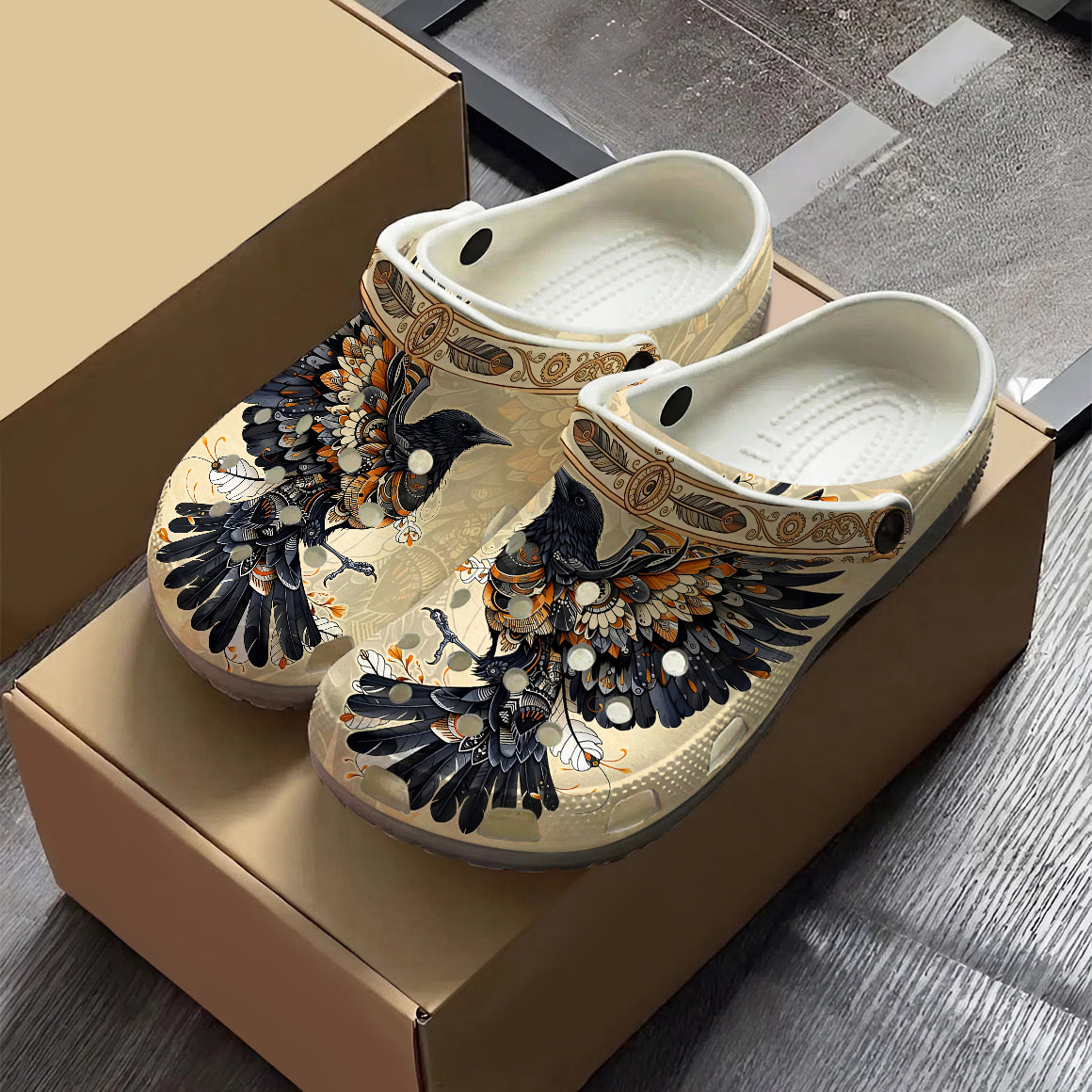 Native Raven Art Clogs Shoes for Adults & Kids