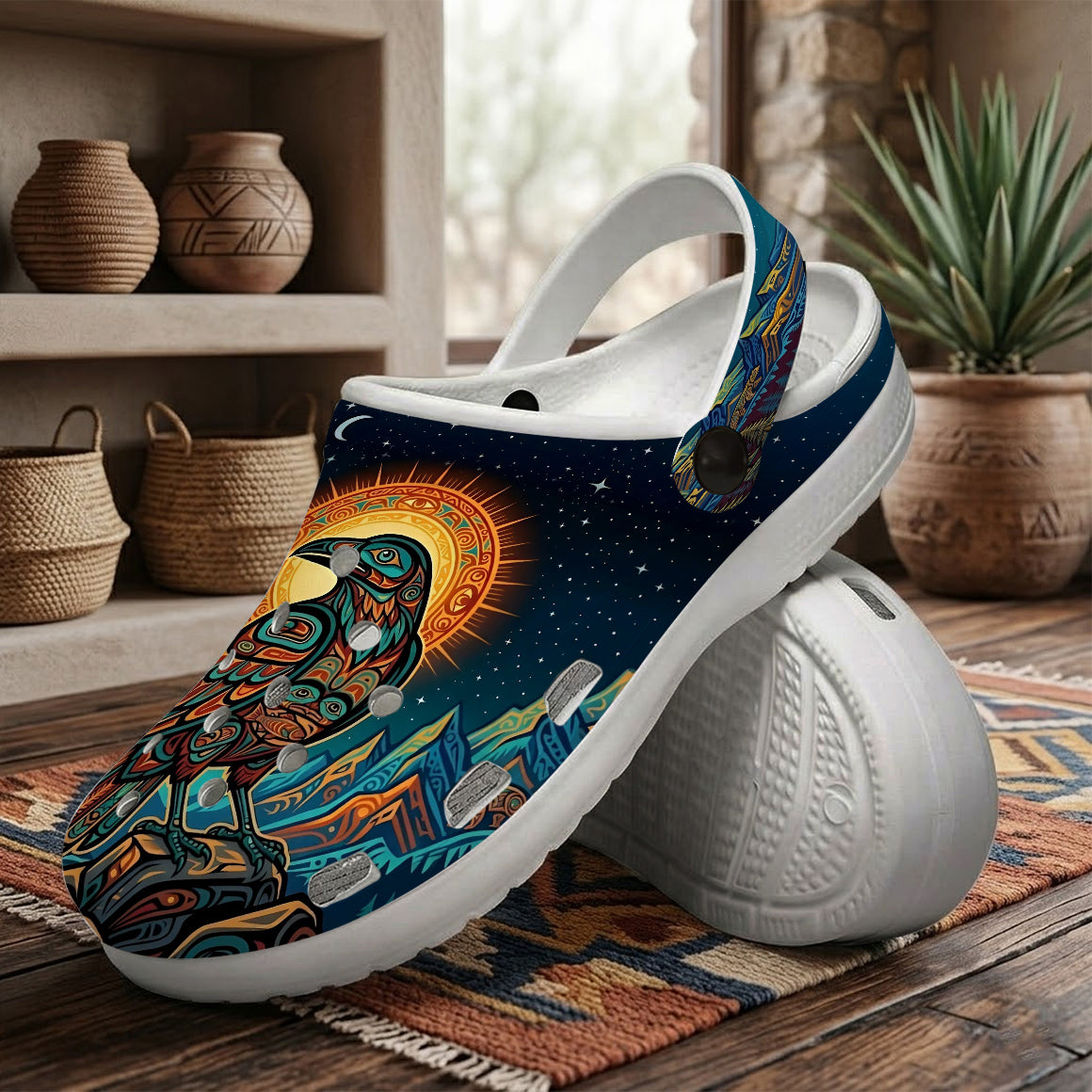Native Raven Art Clogs Shoes for Adults & Kids
