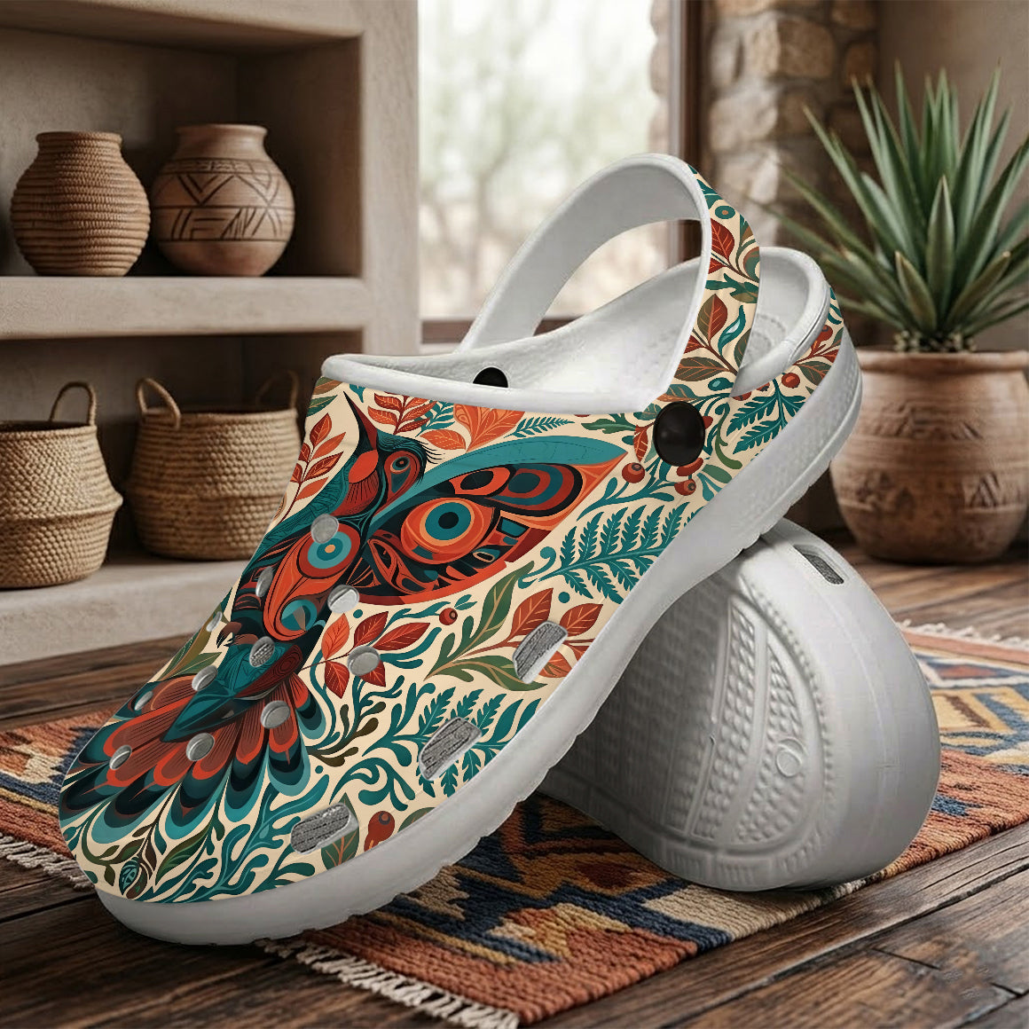 Native Hummingbird Floral Art Clogs Shoes for Adults & Kids