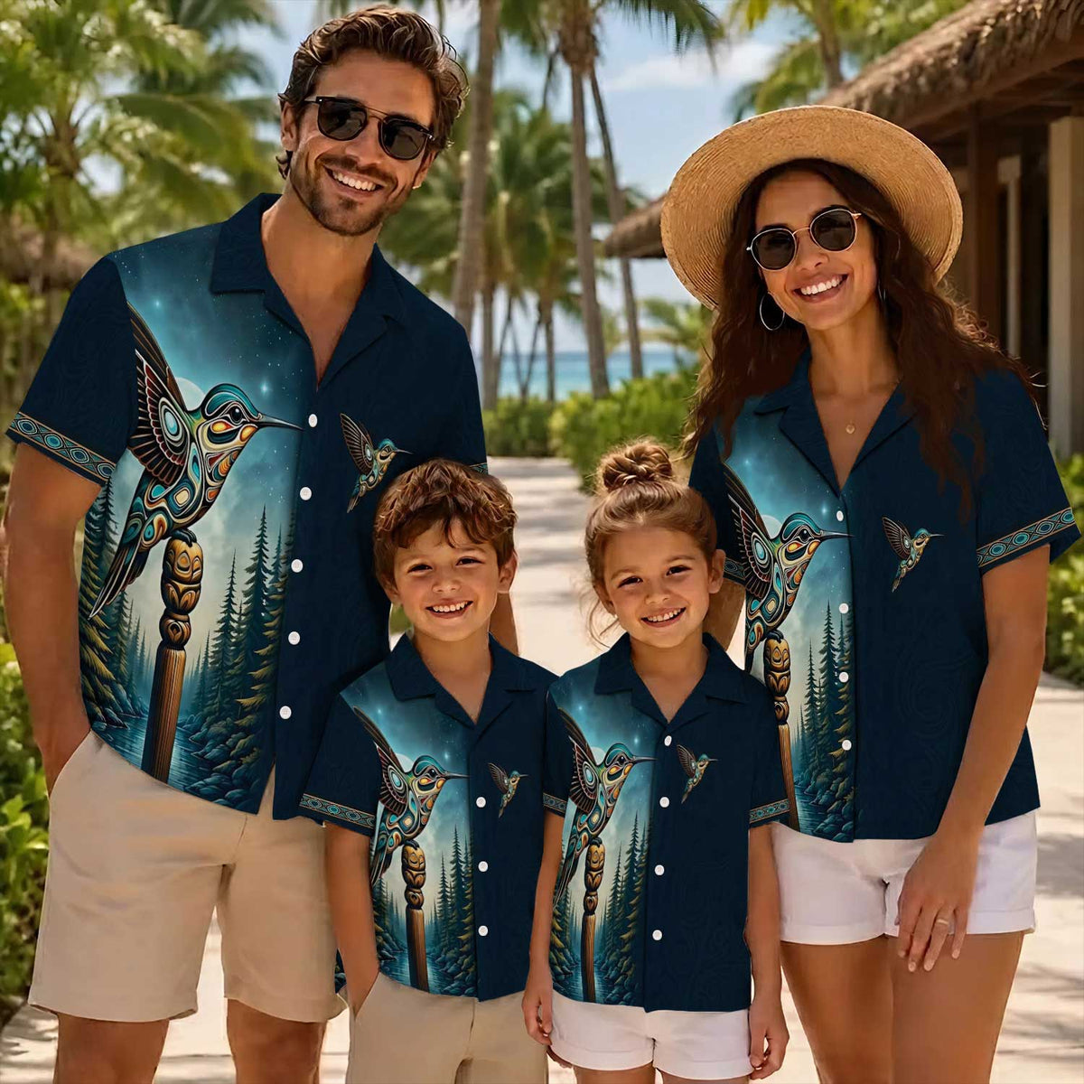 Native Hummingbird Pattern Hawaiian Shirt for Adults & Kids