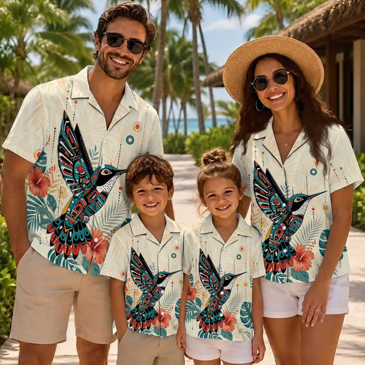 Native Hummingbird Pattern Hawaiian Shirt for Adults & Kids