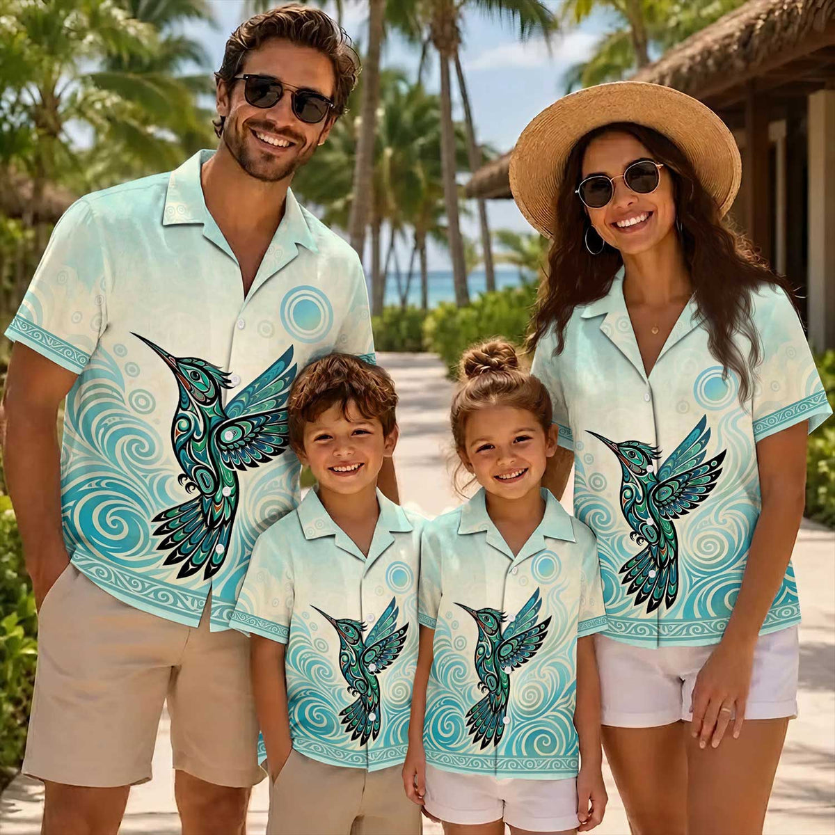 Native Hummingbird Pattern Hawaiian Shirt for Adults & Kids
