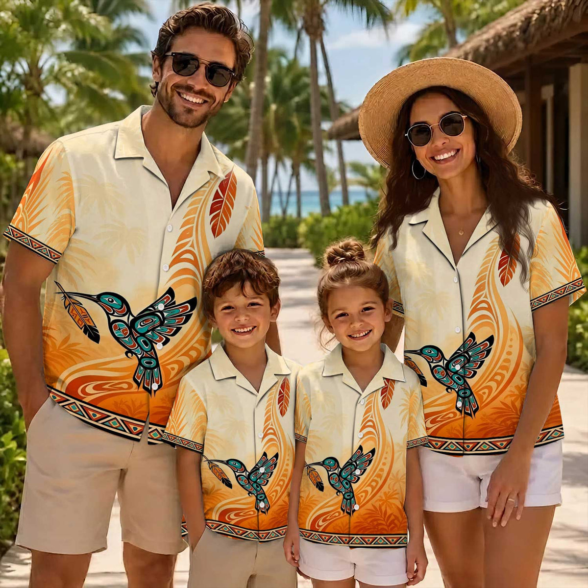 Native Hummingbird Pattern Hawaiian Shirt for Adults & Kids