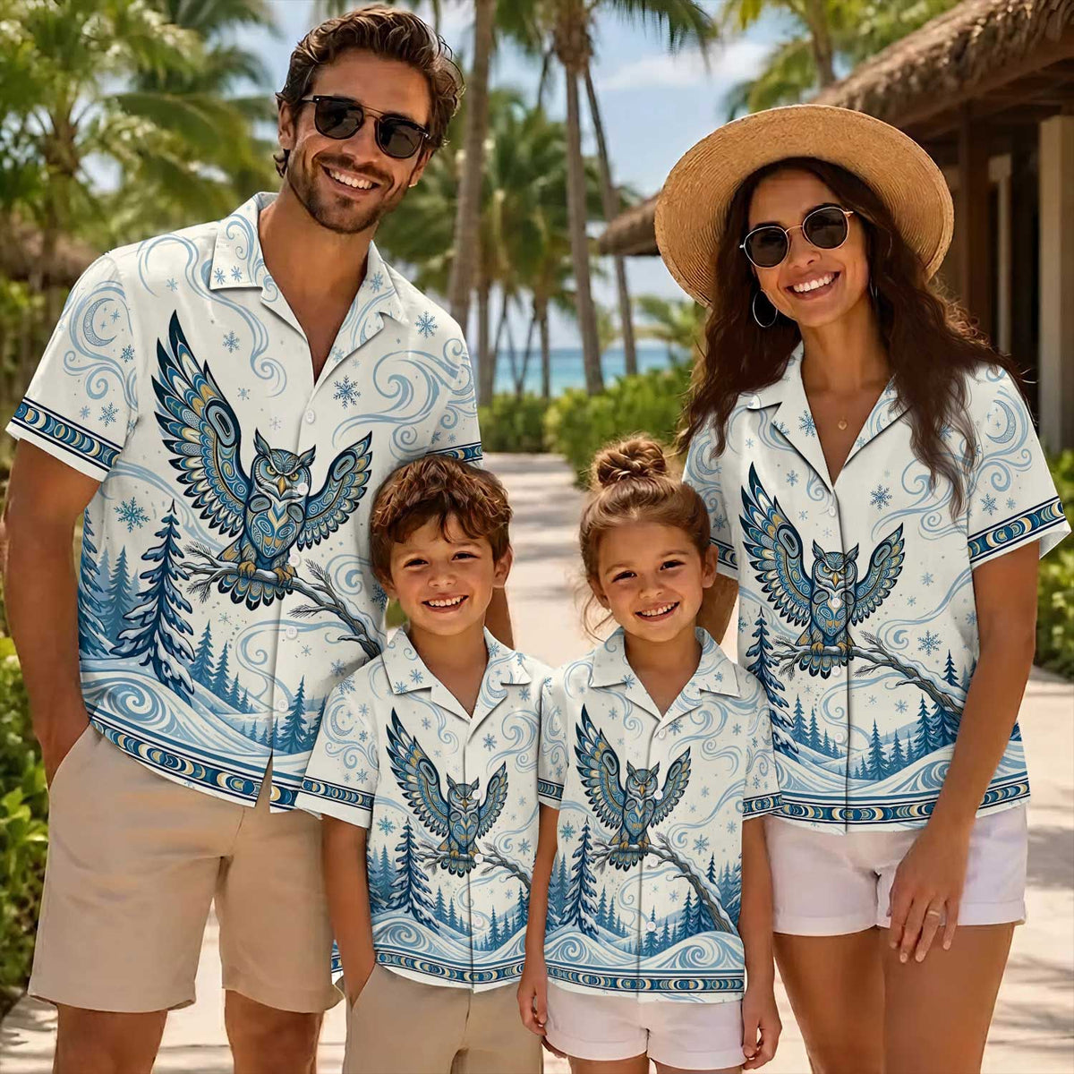 Native Owl Pattern Hawaiian Shirt for Adults & Kids