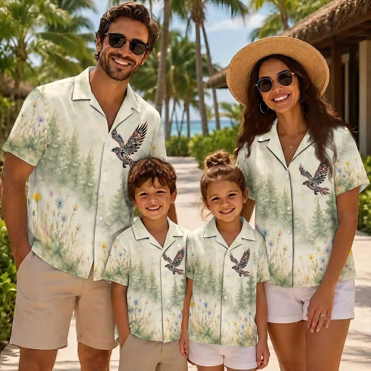 Native Raven Pattern Hawaiian Shirt for Adults & Kids